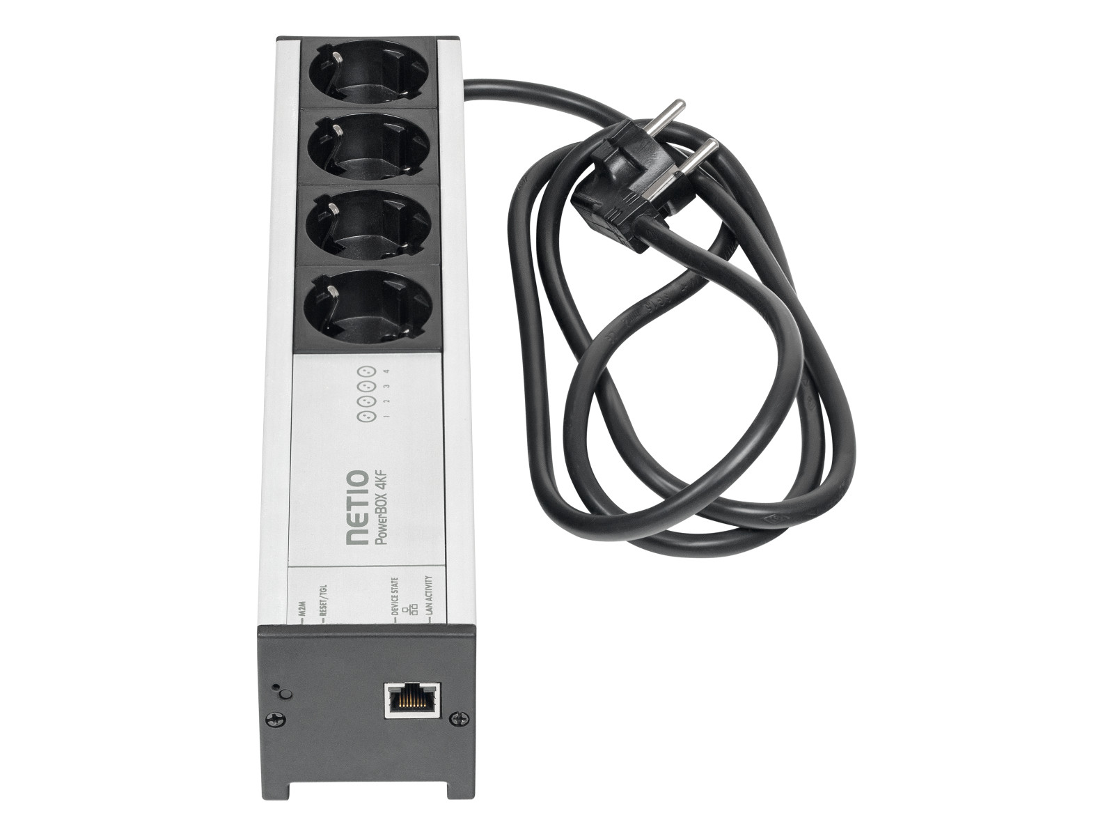 PowerBOX 4KF is 4 outputs smart power-strip PDU with LAN. Each output can be switched &amp; metered individually. Web interface, ZCS, NETIO Cloud, Open API protocols (MQTT-flex, JSON, Modbus/TCP, SNMP, ...) Type F - schuko power socket 230V/16A.