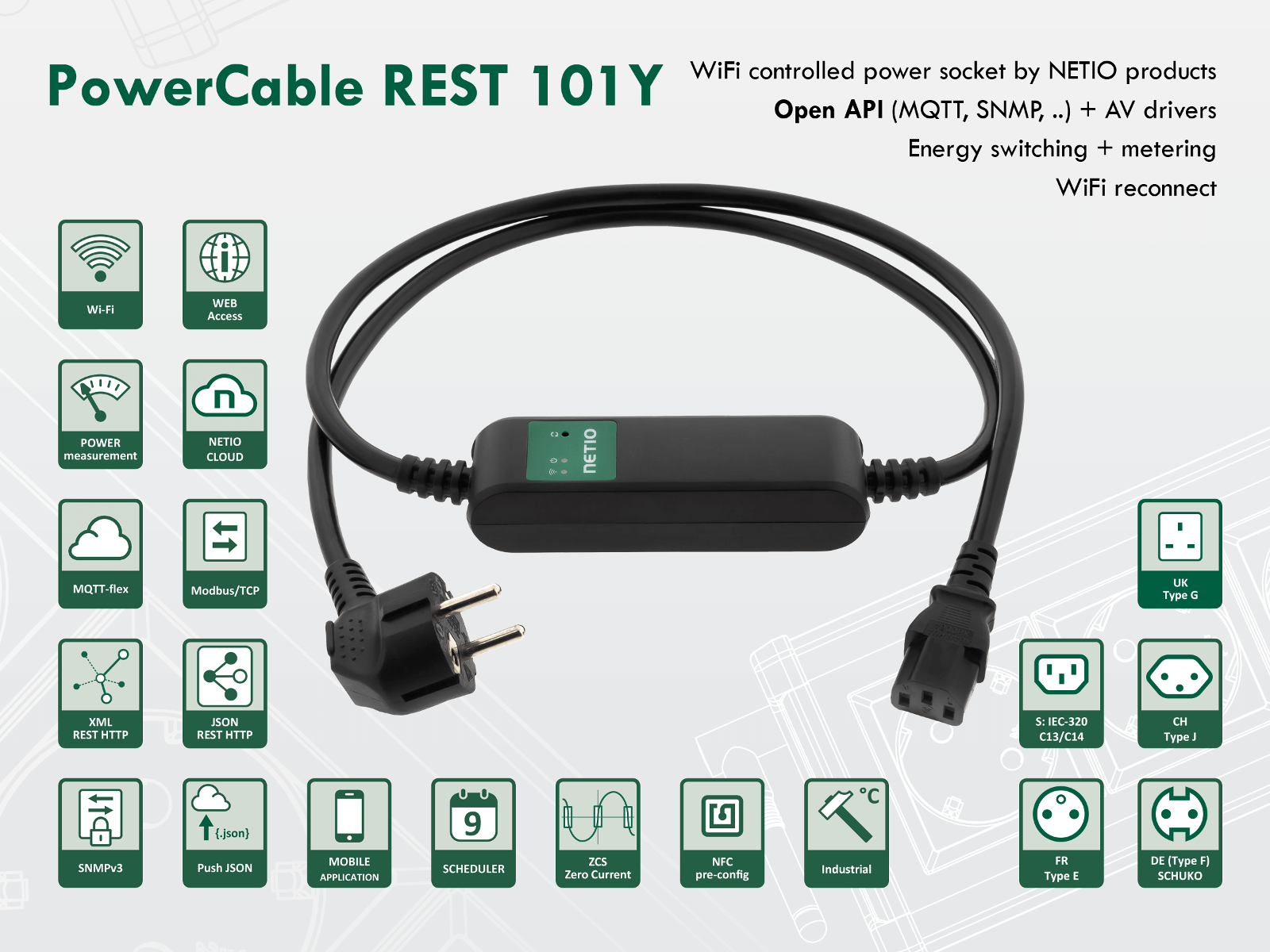 PowerCable REST is a smart 1x 230V/16A extension cord with WiFi connectivity. Device web for configuration,  M2M protocols: XML http, JSON http and URL API.  WiFi reconnect, ZCS (Zero Current Switching) and IOC. Type 101Y is using the EU power plug (CEE 7/7) to IEC320 C13 power output.