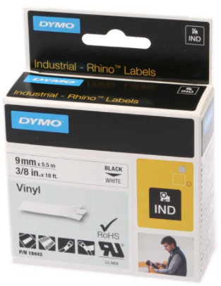 Dymo Rhino white vinyl tape S0718580 - 9mm, black text