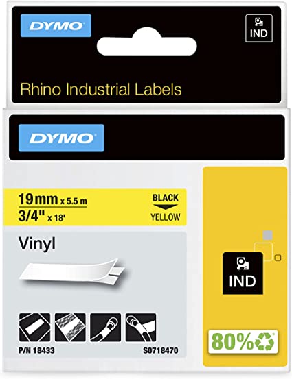 Dymo Rhino yellow vinyl tape S0718470 - 19mm, black text