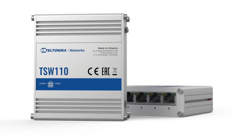 Teltonika TSW110 L2 unmanaged switch 5*LAN port, 10/100/1000 Mbps passive POE-in 7-30 VDC input DIN rail or wall mounting