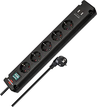 Bremounta power strip 5-fold with 2 USB charging sockets (power strip USB with switch and 3m cable, multiple socket with 90 degree sockets)
