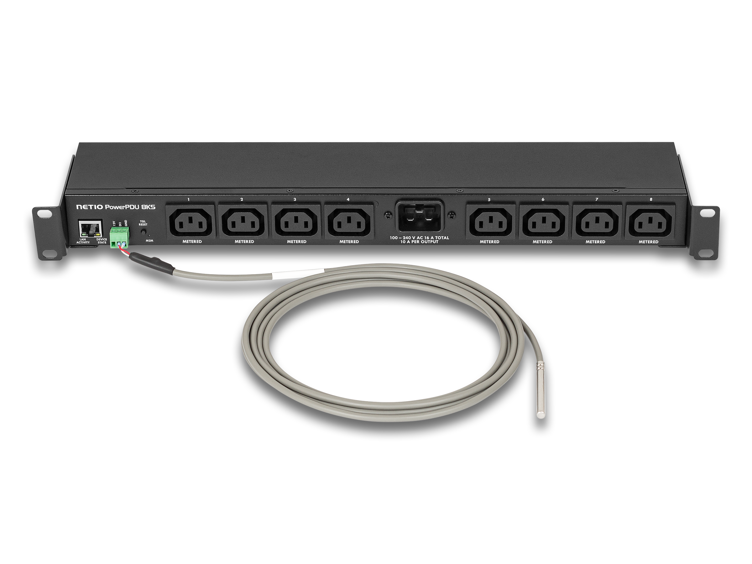 Netio PowerPDU 8KS is full metered smart 19&quot; 1U PDU with RJ45 LAN &amp; web interface . 8 power outputs (C13) / 1 power input (C20). Each output is metered and can be switched individually. Several M2M APIs (SNMPv1 &amp; MQTT-flex supported), NETIO Coud. 19&quot; montage holders included. EU power-cable included. 