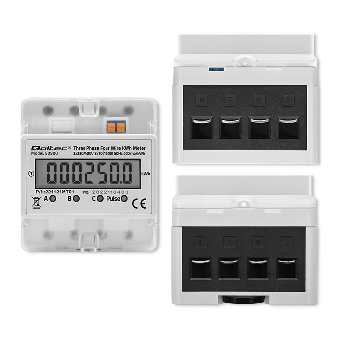 Qoltec DIN rail three phase electronic energy consumption meter, 400V, LCD, 4P