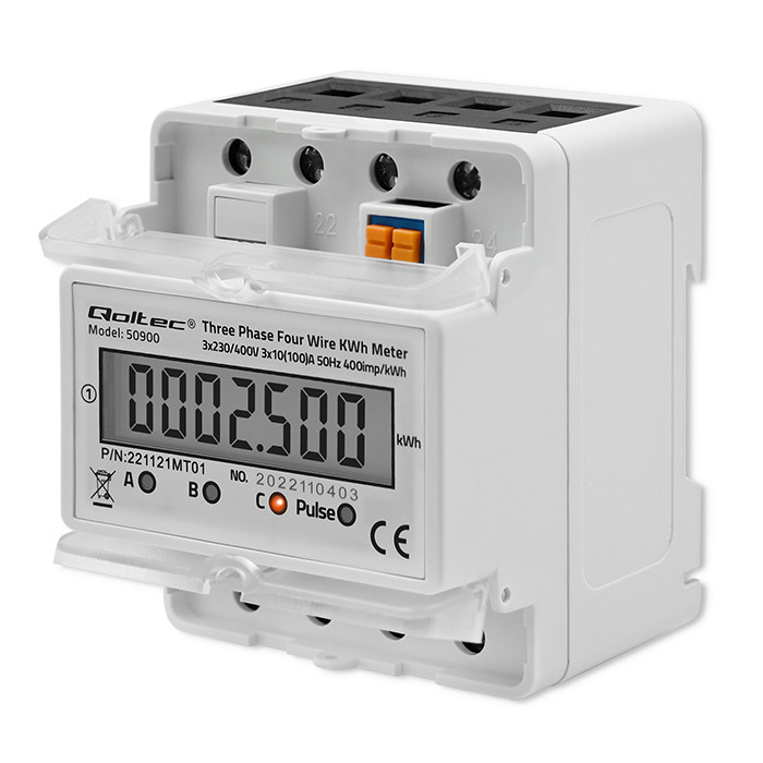 Qoltec DIN rail three phase electronic energy consumption meter, 400V, LCD, 4P