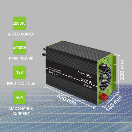 Qoltec Monolith 3-in-1 solar inverter with AC charging function | MPPT | UPS | ATS | 2000W | 4000W | 12V to 230V | pure blue wave