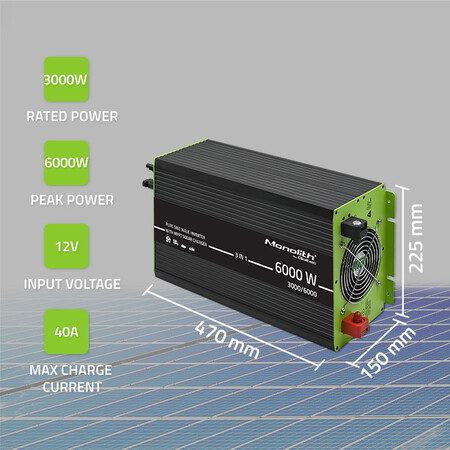 Qoltec Monolith 3-in-1 solar inverter with AC charging function | MPPT | UPS | ATS | 3000W | 6000W | 12V to 230V | pure blue wave