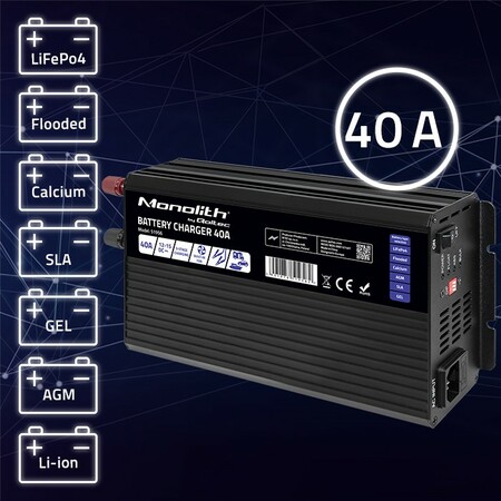 Qoltec Smart Monolith charger for LiFePO4 AGM GEL SLA batteries | 40A | 12V