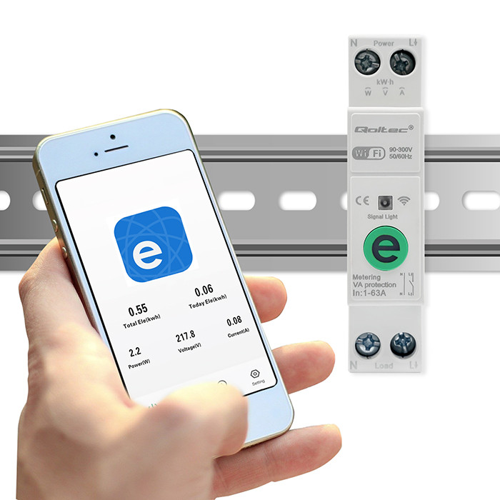 Qoltec Wi-Fi DIN rail relay with electricity meter 63A, eWeLink by Sonoff