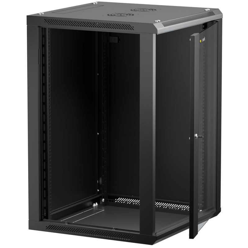 Netrack 19&quot; wall-mount F-Line rack cabinet, 18U 600*600, glass door, black, flat-pack