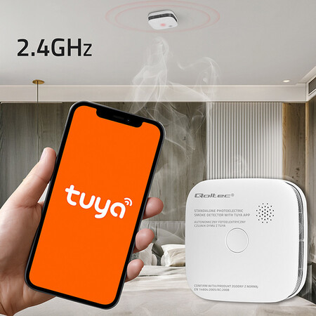 Qoltec certified wireless smoke detector with battery, Tuya, Wi-Fi, sensor service life 10 years, 85dB alarm, LED