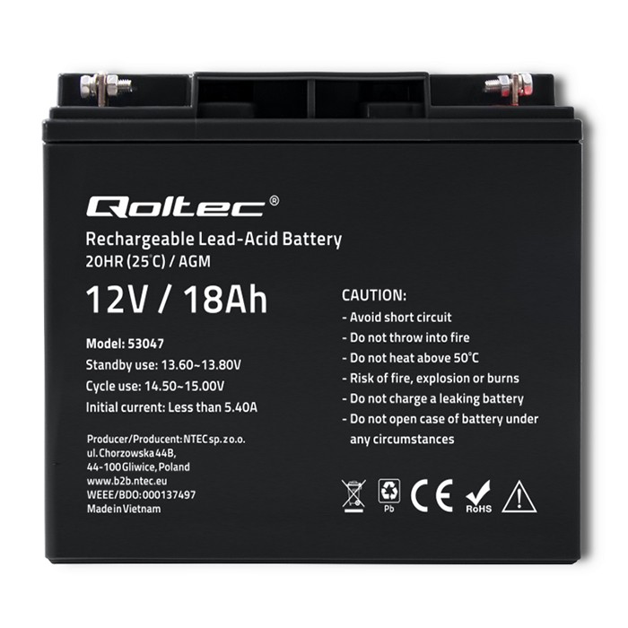 Qoltec AGM battery 12V 18Ah maintenance-free, efficient, LongLife, for UPS, scooter