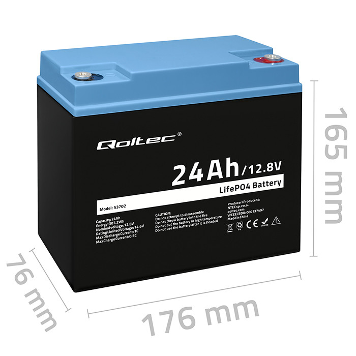 Qoltec LiFePO4 lithium iron phosphate battery 12.8V, 24Ah, 307.2Wh, BMS