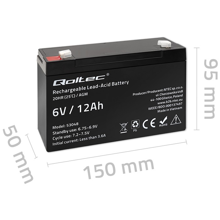 Qoltec AGM battery 6V 12Ah, maintenance-free, efficient, LongLife, for UPS, scale, cash register