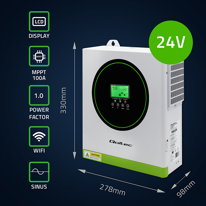 Qoltec hybrid off-grid solar inverter 3500W, 100A, 24V, MPPT, sinus, Wi-Fi option, power factor 1.0