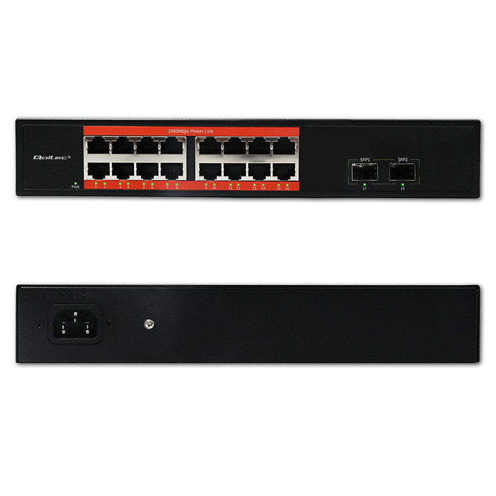 Qoltec unmanaged GE switch, 16*10/100/1000Mb/s RJ-45, 2*SFP 1000Mb/s