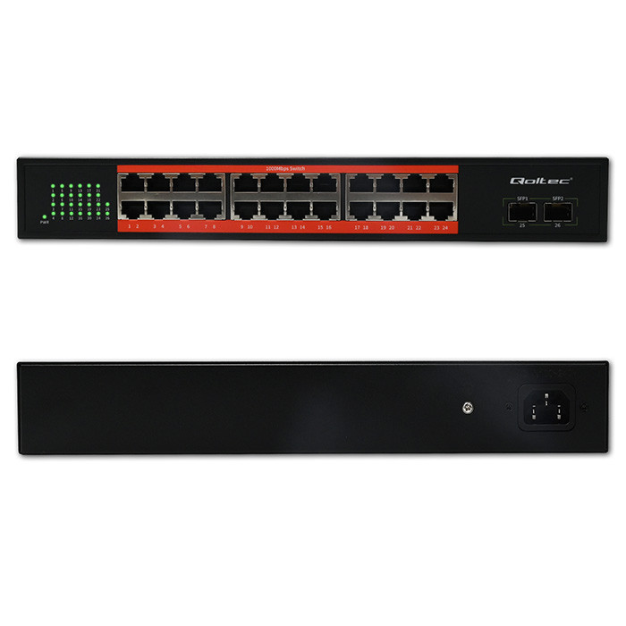 Qoltec unmanaged GE switch, 24*10/100/1000Mb/s RJ-45, 2*SFP 1000Mb/s