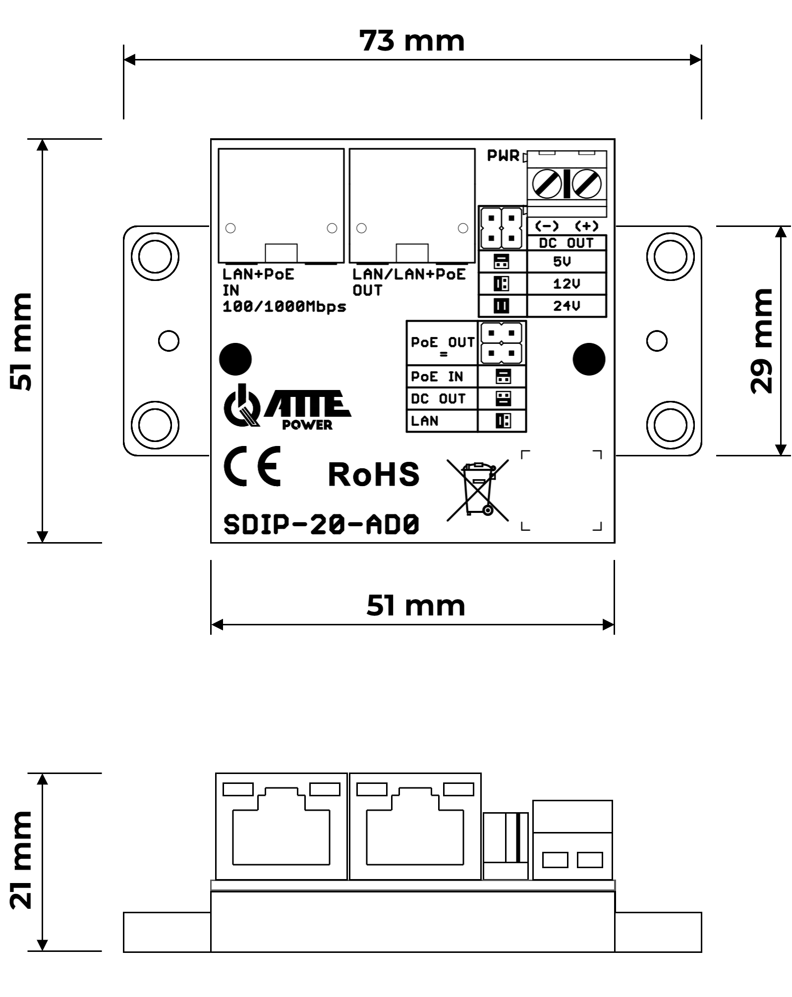 Gigabit PoE adapter reducing voltage to 5V/12V/24V, Pout 20W 802.3af/at &amp; passive