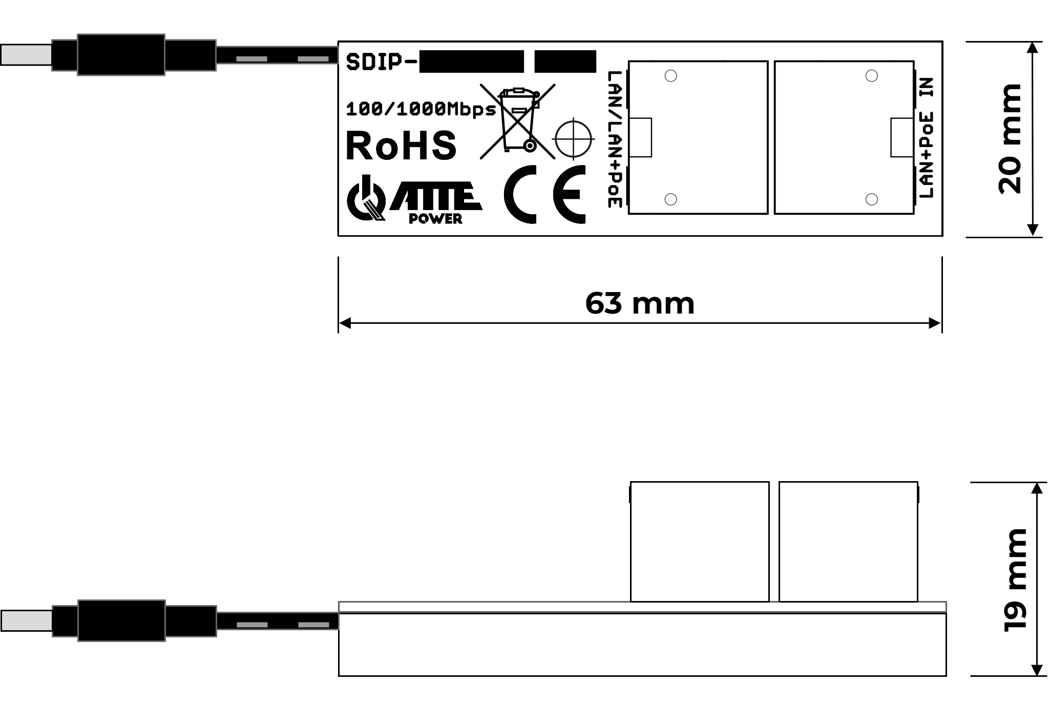 Gigabit PoE adapter reducing voltage to 12V