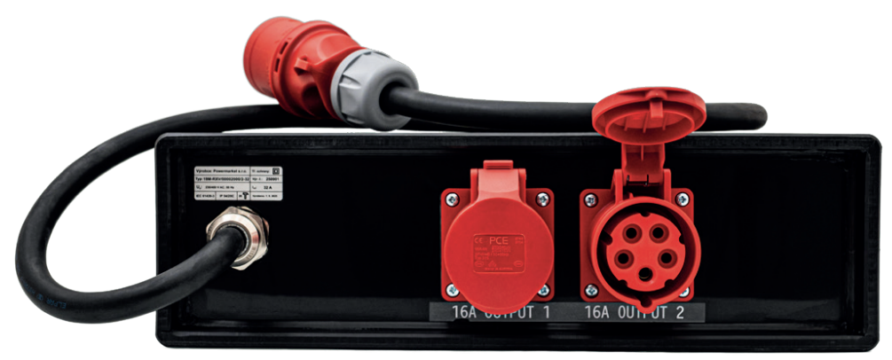 PowerLDU 216 load distribution unit, 400V/32A -> 2*400V/16A outputs, each safeguarded by RCBO  16A/4-Pole (30 mA)