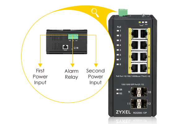 12 Port managed PoE Switch, 240 Watt PoE, DIN Rail, IP30, 12-58V DC