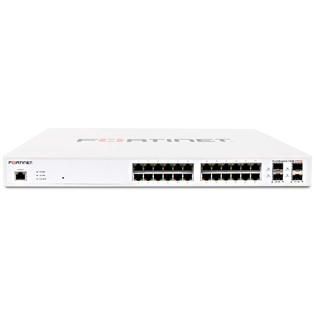 Fortinet FortiSwitch 124F-FPoE L2+ managed PoE switch, 24*GE RJ45 ports, 4*SFP+, 370W PoE budget, rack-mountable