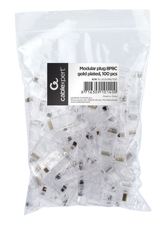 Gembird modular LAN plug 6u gold plated - set of 100 pcs., solid cables