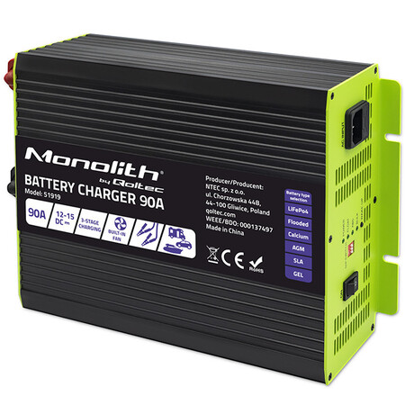 Qoltec Smart Monolith charger for LiFePO4 AGM GEL SLA batteries | 90A | 12V | fast charging