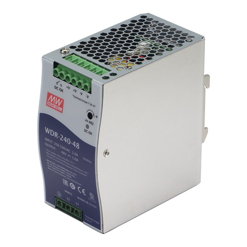 MeanWell 240W/5A DIN-rail 48VDC single output industrial power supply, universal 180 to 550VAC or 254 to 780VDC input voltage, -30 to 70°C operating temperature