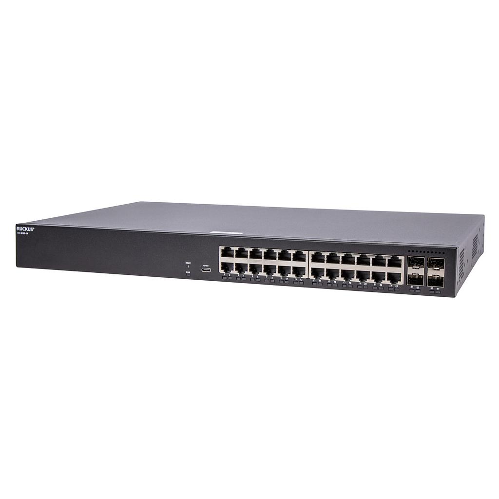 Ruckus ICX 8100 1RU switch, 24×10/100/1000 Mbps PoE+ 802.3at, 30W Class 4 ports, 4×1GbE SFP uplink-ports, 370W PoE budget. Power cord not included