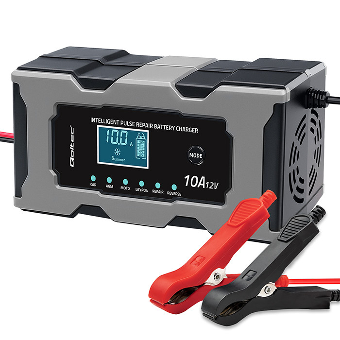Qoltec intelligent microprocessor charger 12V 10A | rectifier with repair function for AGM gel LiFePO4 batteries | LCD