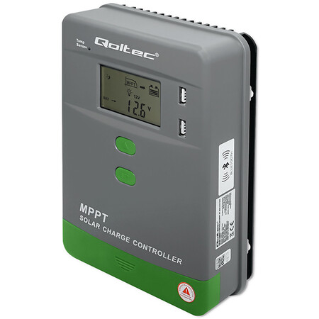 Qoltec MPPT 10A solar charge controller with temperture sensor, 12V/24V, LCD, 2*USB, Bluetooth, app, GEL, LiFePO4 batteries