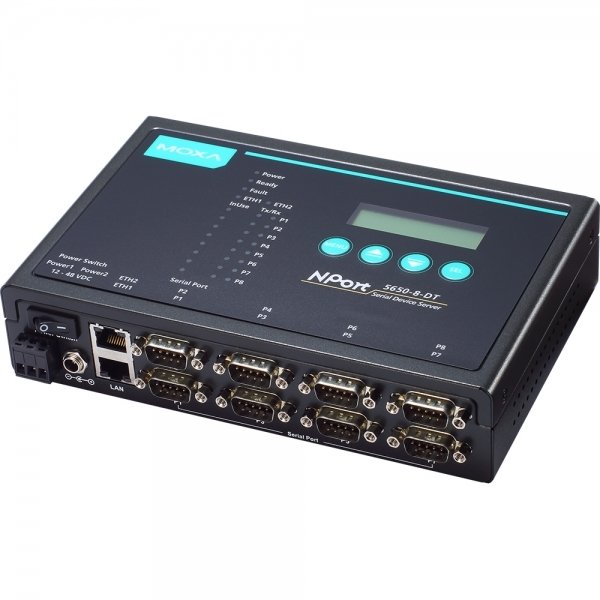 Moxa 8-port RS-232/422/485 desktop device server with DB9 male connectors and 48 VDC power input