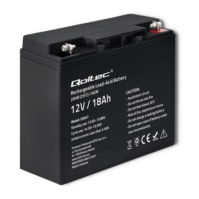 Qoltec AGM battery 12V 18Ah maintenance-free, efficient, LongLife, for UPS, scooter