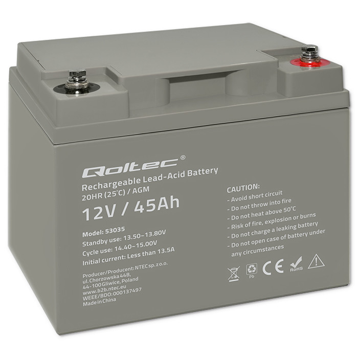 Qoltec AGM battery 12V 45Ah maintenance-free, efficient, LongLife, for UPS, scooter