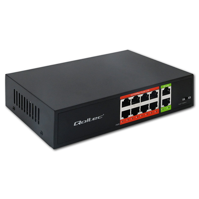 Qoltec unmanaged FE PoE switch, 8*RJ45 PoE (120W budget), 2*RJ45 uplink 10/100Mb/s