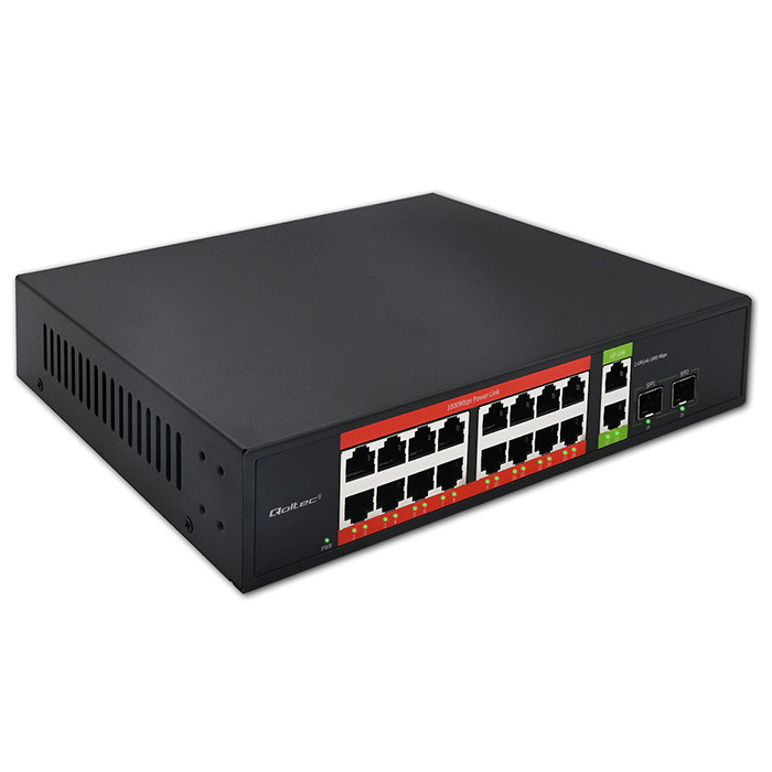 Qoltec unmanaged GE PoE switch, 16*RJ45 PoE (250W budget), 2*RJ45 uplink 10/100/1000Mb/s, 2*SFP 1000Mb/s