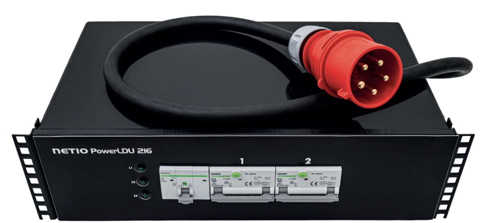 PowerLDU 216 load distribution unit, 400V/32A -> 2*400V/16A outputs, each safeguarded by RCBO  16A/4-Pole (30 mA)