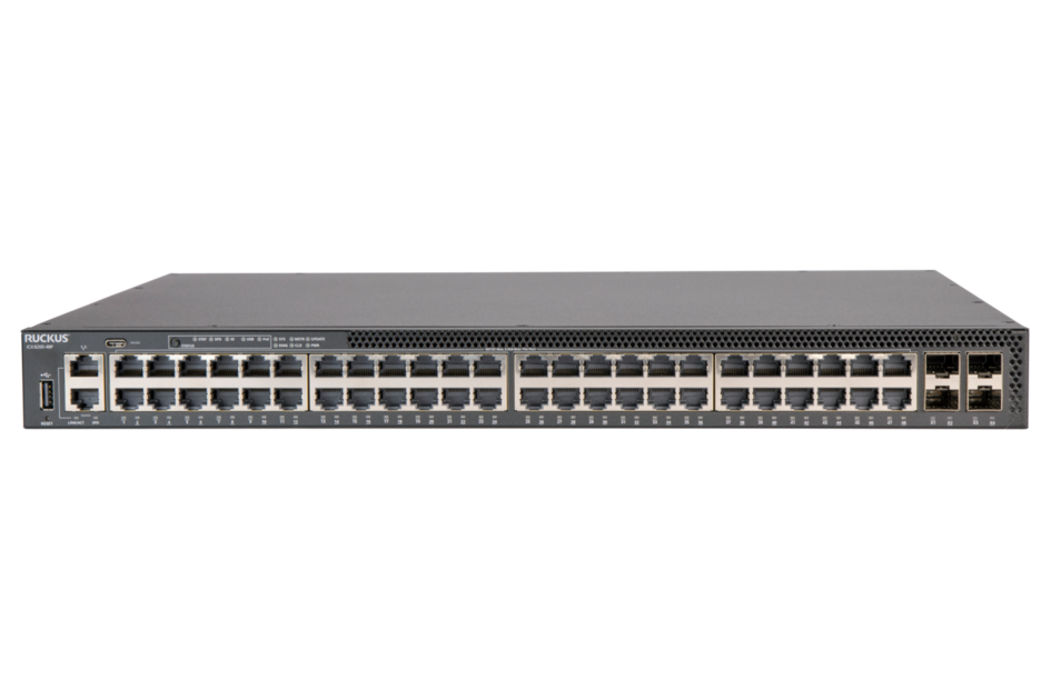 Ruckus ICX 8200 switch, 48*10/100/1000 Mbps PoE+ ports, 4*25 GbE SFP28 stacking/uplink-ports, 370W PoE budget