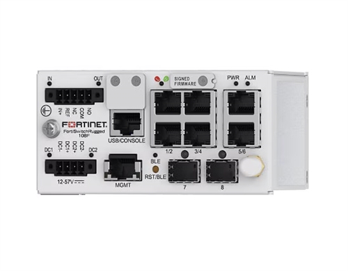 FortiSwitchRugged-108F Layer 2 ruggedized FortiGate switch controller compatible switch with 6*1GE/100M/10M RJ45 &amp; 2*1GE/100M SFP. IP40 rating.