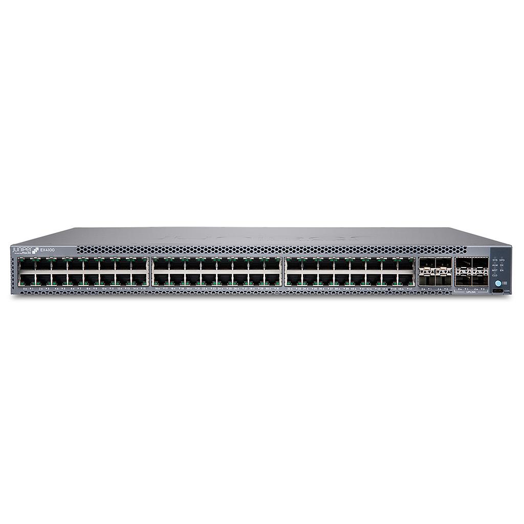 Juniper EX4100 48-port 10/100/1000BaseT PoE+, 4*10G SFP+ uplink ports, 4*25G SFP28 stacking/uplink ports, redundant fans, 1 AC PSU JPSU-920-AC-AFO included (optics sold separately) with standard sw