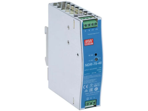 MeanWell 75 W/1.6 A DIN-rail 48 VDC power supply, universal 90 to 264 VAC or 127 to 370 VDC input voltage, -20 to 70°C operating temperature