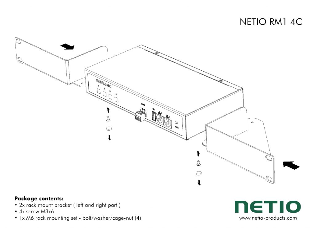 Metal brackets to install one NETIO 4C or NETIO Power PDU 4C device into a 1U space in a 19” rack frame