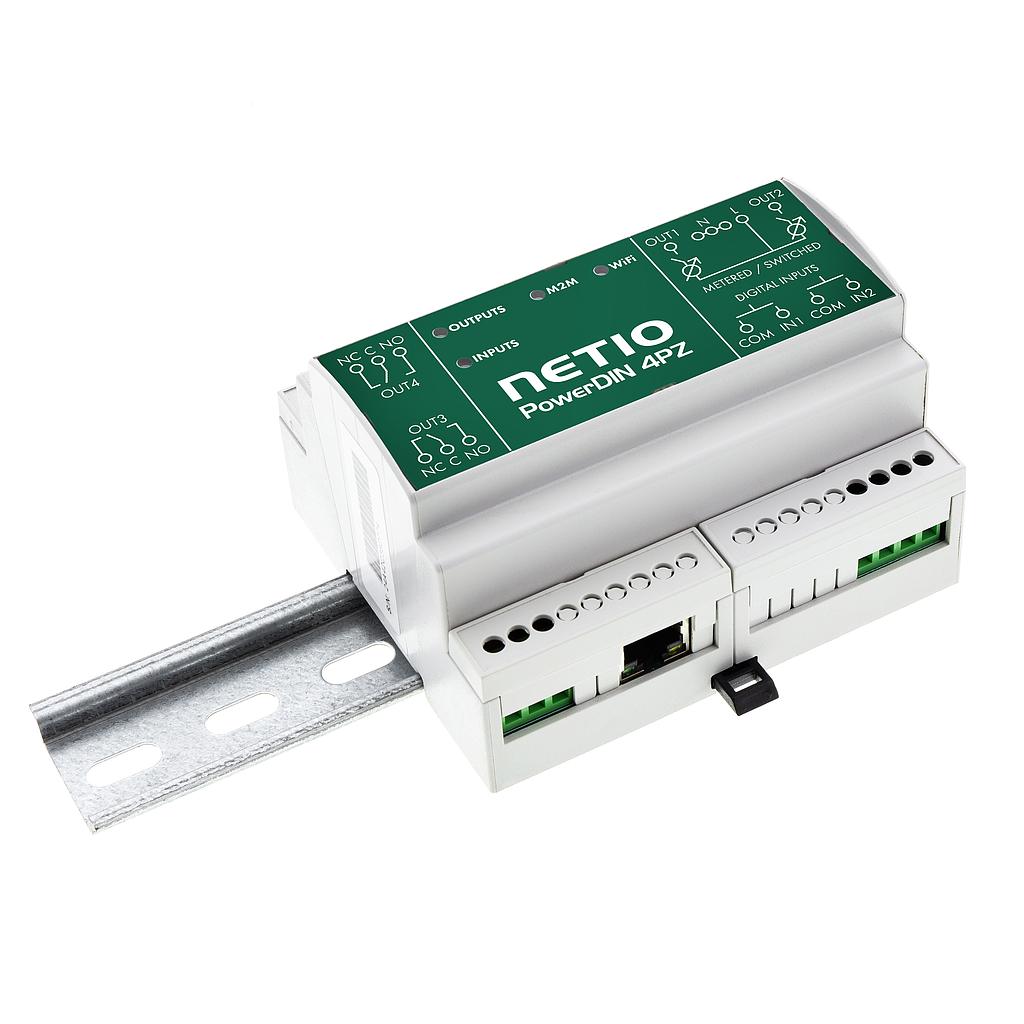 Netio PowerDIN 4PZ, 2ch electricity meter, 2x DI, 2x power relay, 230V/16A in total, RJ-45/WiFi/NFC, ZCS, IOC, cloud+open APIs