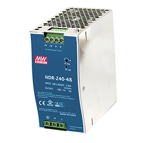 MeanWell 240 W/5.0 A DIN-rail 48 VDC power supply, universal 90 to 264 VAC or 127 to 370 VDC input voltage, -20 to 70°C operating temperature