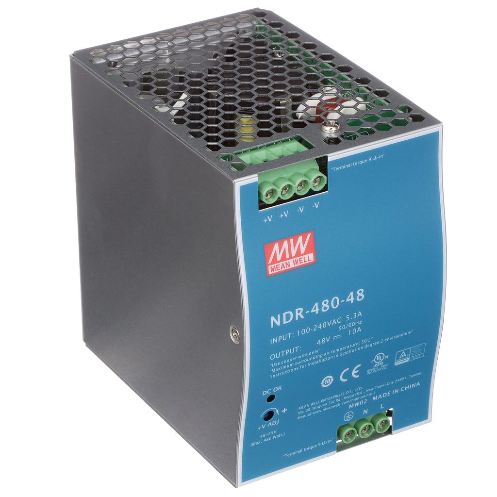 Mean Well 480 W/10.0 A DIN-rail 48 VDC power supply, universal 90 to 264 VAC or 127 to 370 VDC input voltage, -20 to 70°C operating temperature