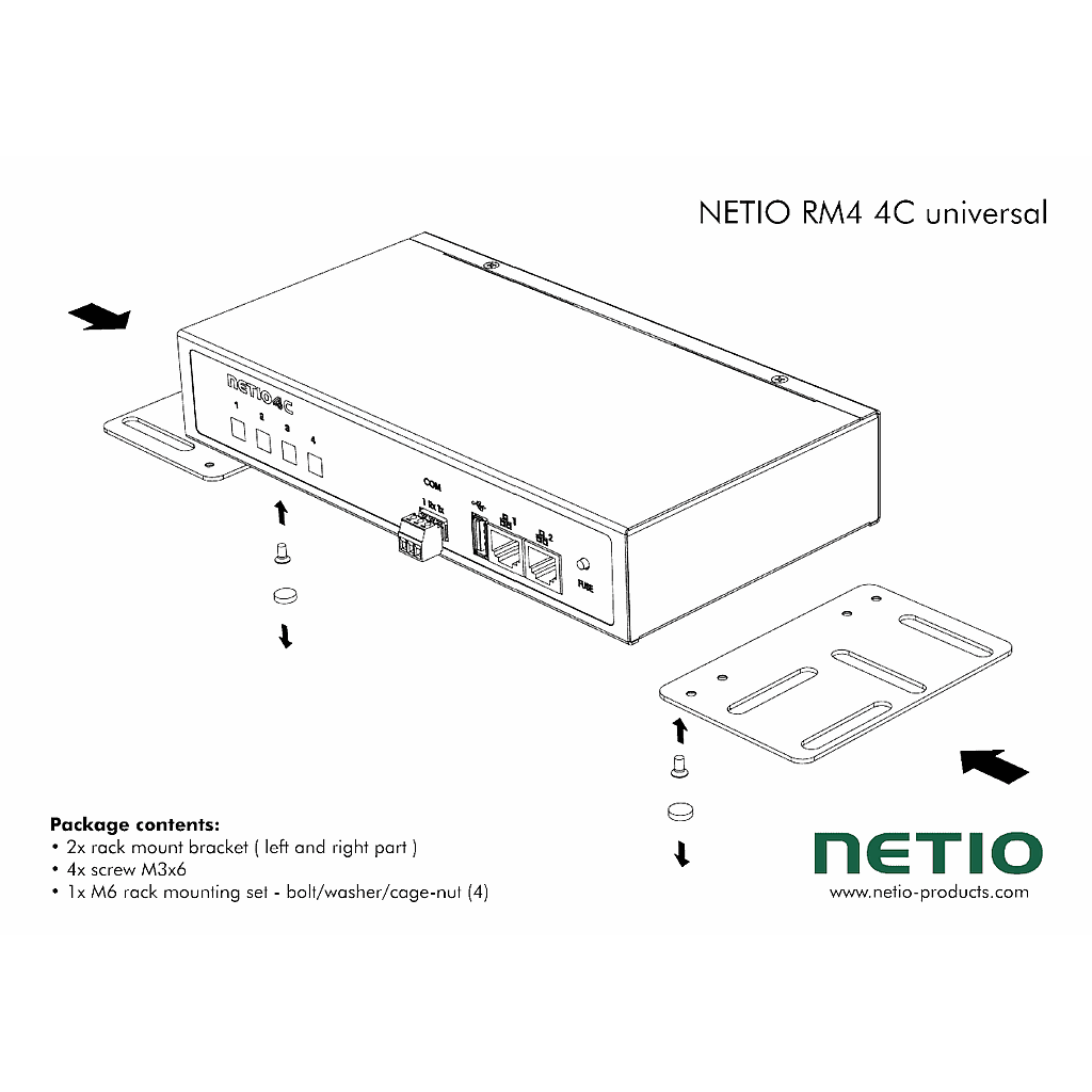 Universal mounting kit for 1 unit of NETIO 4C. Can be used inside metal cabinets. M6 rack mounting screws included.