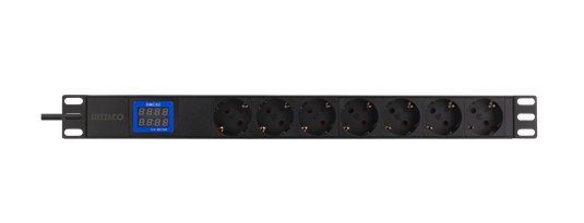 19" 1U 7 Schuko pesa ja C20 pistikuga toitepaneel, 3.5kW, numbriline volt- ja ampermeeter, 2m, must