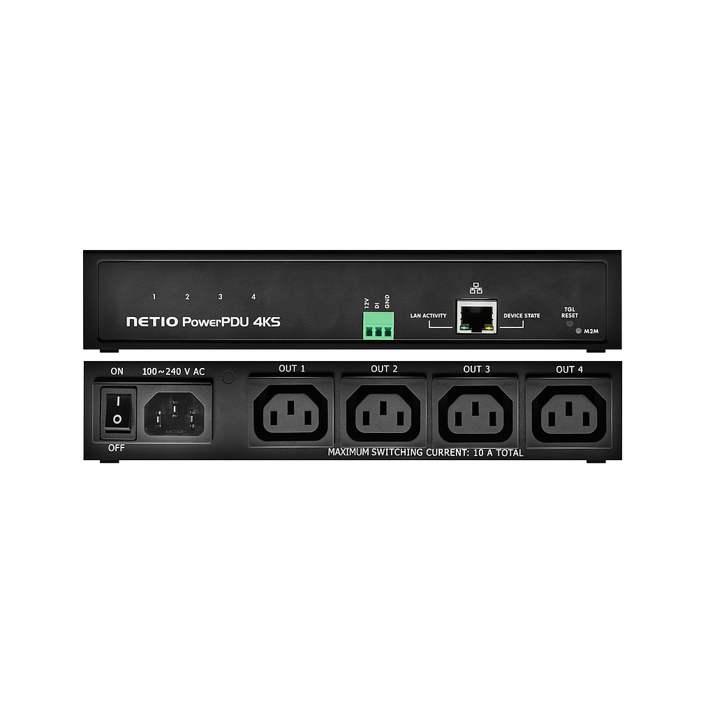 Netio PowerPDU 4KS in PaperBox without any power-cable included. PDU with 4*C13 power output, each output metered + switched individually, 1*DI, ZCS. PDU supports NETIO Coud + WatchDog, scheduler, several M2M APIs, SNMPv1 &amp; MQTT-flex supported