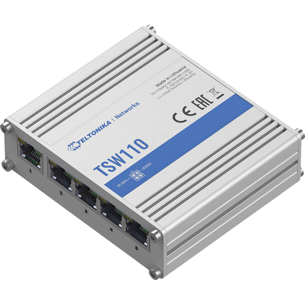 Teltonika TSW110 L2 unmanaged switch 5*LAN port, 10/100/1000 Mbps passive POE-in 7-30 VDC input DIN rail or wall mounting
